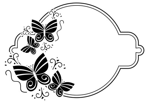 Black and white silhouette round frame with butterflies. Vector clip art.