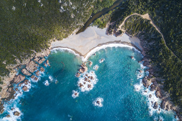 Aerial view of the amazing turquoise beach. .Emerald Coast in Sardinia Island, is one of the most beautiful and famous coasts in the world