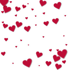 Red stitched paper hearts. Scatter pattern on white background. Vector illustration.