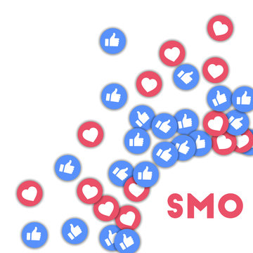 SMO. Social media icons in abstract shape background with scattered thumbs up and hearts. SMO concept in great vector illustration.