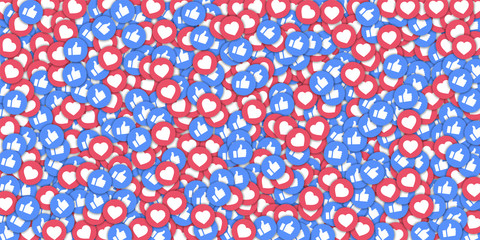  Social media icons in abstract shape background with scattered thumbs up and hearts. Concept in radiant vector illustration. - obrazy, fototapety, plakaty