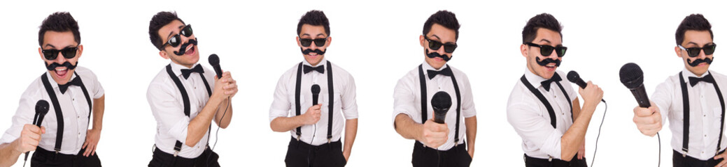 Naklejka premium Funny man with mic isolated on white
