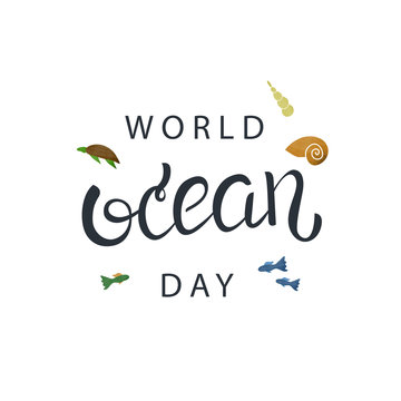 Vector isolated handwritten lettering 8th June Ocean Day on white background. Vector calligraphy for greeting card, decoration and covering. Concept of Happy World Ocean Day.
