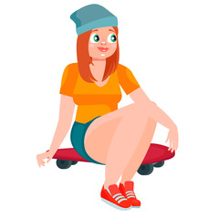Girl in a hat sits on a skateboard