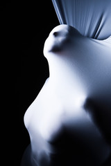 Woman wrapped in cloth on a black background.