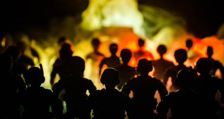 Anti-riot police give signal to be ready. Government power concept. Police in action. Smoke on a...