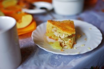 Delicious piece of pie with chicken and potatoes on a white plate on table, selective focus, close-up