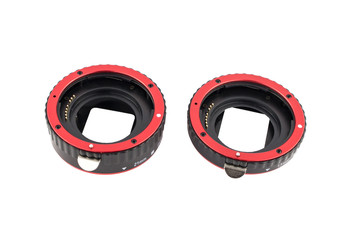 Set of macro rings for SLR cameras on a white background isolated.