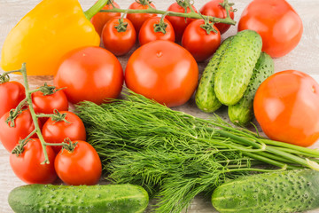 Cucumber, tomato, pepper and fennel on a white wooden background close up.