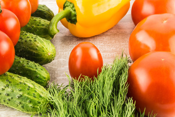 Cucumber, tomato, pepper and fennel on a white wooden background close up.