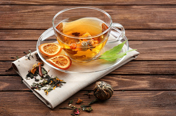 Cup of tea on wooden background