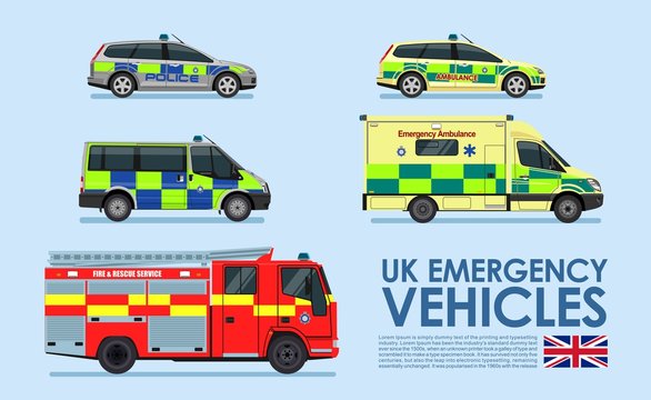 UK Emergency vehicles cars, police car, ambulance van, fire truck isolated on blue background