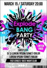 Party dance music poster, banner or flyer with explode & haltone vector elements