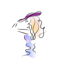Silhouette of a girl in profile. Multi Colored graphics. Beautiful young girl in a hat. Portrait of a stylish woman. Sketch.