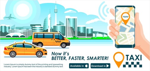 Taxi app banner. City skyline modern buildings hi-tech & taxi cab also smartphone gps map in hand. Concept template of taxi call service for store.