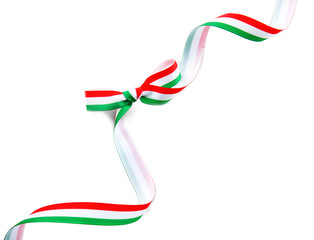 Ribbon bow in colors of Hungarian flag on white background