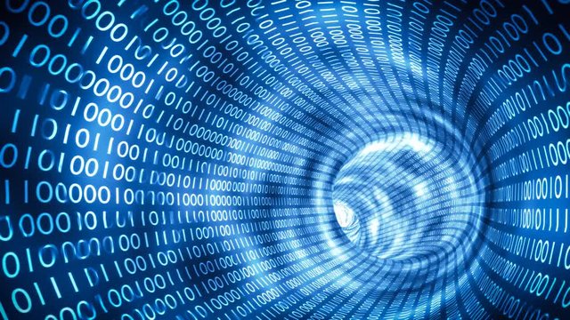 Flight in binary tunnel. Internet and computer network concept. Looping 3D rendered animation.