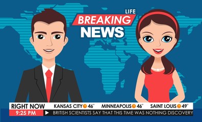 Internet TV breaking news male in a coat & female in red dress from a studio