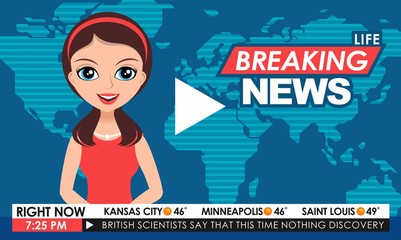 TV breaking news female in red dress in a studio