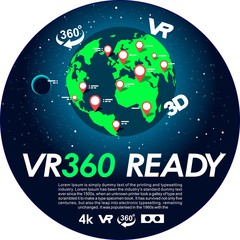 VR earth 360 degrees sticker label or banner for the gadget sell with globe in space, stars , moon a icons