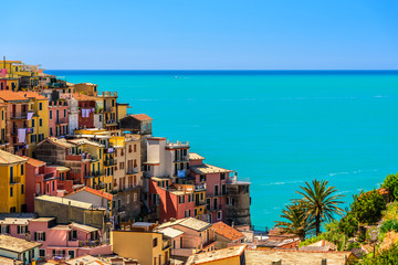 Aerial view of Riomaggiore in Liguria a famous town of the Cinque Terre National Park.