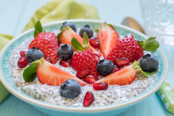 Keto ketogenic, paleo low carb diet not oatmeal breakfast porridge. Coconut Chia Pudding with...