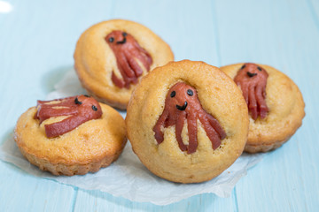 Kid funny food. Cornbread muffins with sausage octopus