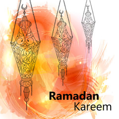 Illustration of Ramadan kareem and Ramadan mubarak. beautiful watercolor of lantern. traditional greeting card wishes holy month moubarak and karim for muslim.