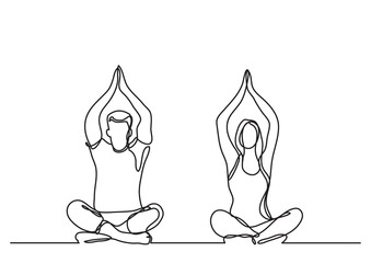 man woman doing yoga - continuous line drawing - obrazy, fototapety, plakaty