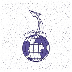 white background with blue silhouette earth globe and paper plane flying vector illustration