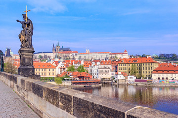 View of colorful old town and Prague castle with river Vltava, Czech Republic