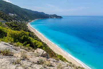 Fototapeta na wymiar Amazing Panoramic view of Kokkinos Vrachos Beach with blue waters, Lefkada, Ionian Islands, Greece