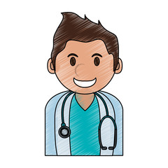 Fototapeta premium color pencil cartoon half body young male veterinarian with stethoscope vector illustration