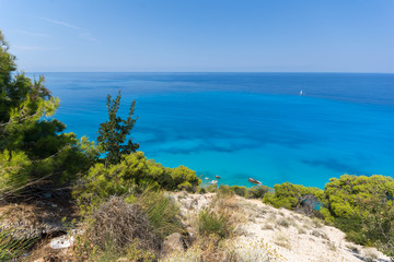 Fototapeta na wymiar Amazing Panoramic view of Kokkinos Vrachos Beach with blue waters, Lefkada, Ionian Islands, Greece