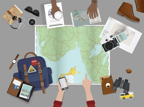 Hand Pointing on Map Planning for Trip with Travel Stuff Illustration Vector