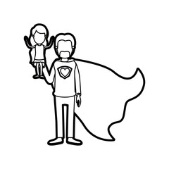 caricature thick contour faceless full body super dad hero with girl on his hand vector illustration