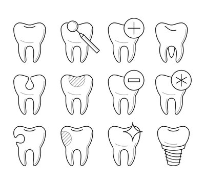 Set of teeth in different conditions, healthy, damaged, clean, with cavity, sensitive, pin, educational poster for clinic, professional stomatology pictogram, health concept. Vector illustration