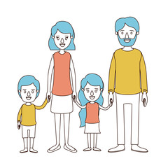 caricature color sections and blue hair of family group with parents and little kids taken hands vector illustration