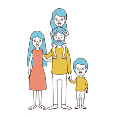 caricature color sections and blue hair of family parents with girl on his back and boy taken hands vector illustration