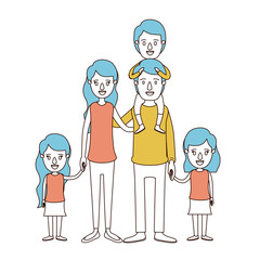 caricature color sections and blue hair of big family parents with boy on his back and daugthers taken hands vector illustration