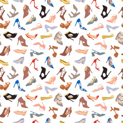 Fototapeta na wymiar Womens shoes flat fashion footwear design vector seamless patterns background