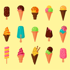 Sweet cartoon cold ice cream set and tasty frozen icecream collection vector delicious colorful desserts