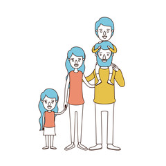 caricature color sections and blue hair of big family parents with boy on his back and daugther taken hands vector illustration