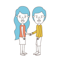 caricature color sections and blue hair of full body couple in casual clothing handshake vector illustration