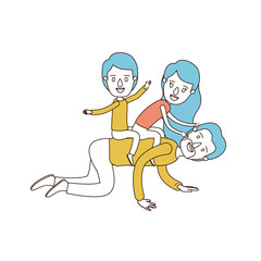 caricature color sections and blue hair of bearded father with children playing the horse on his back vector illustration