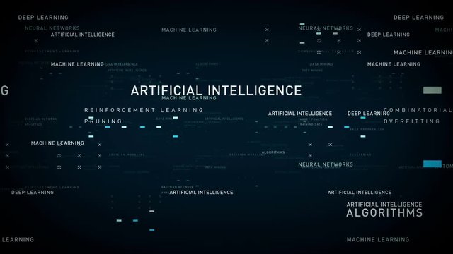 Keywords Artificial Intelligence Blue - Important terms about artificial intelligence drift through cyberspace. All clips are available in multiple color options. All clips loop seamlessly.