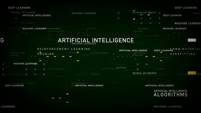 Keywords Artificial Intelligence Green - Important terms about artificial intelligence drift through cyberspace. All clips are available in multiple color options. All clips loop seamlessly.