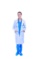 Beautiful young woman in white coat posing with hand in pocket