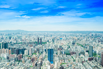 Naklejka na ściany i meble Asia Business concept for real estate and corporate construction - panoramic modern cityscape building bird eye aerial view under sunrise and morning blue bright sky, shot in Taipei 101, Taiwan