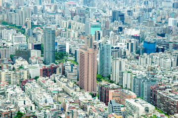 Fototapeta na wymiar Asia Business concept for real estate and corporate construction - panoramic modern cityscape building bird eye aerial view under sunrise and morning blue bright sky, shot in Taipei 101, Taiwan